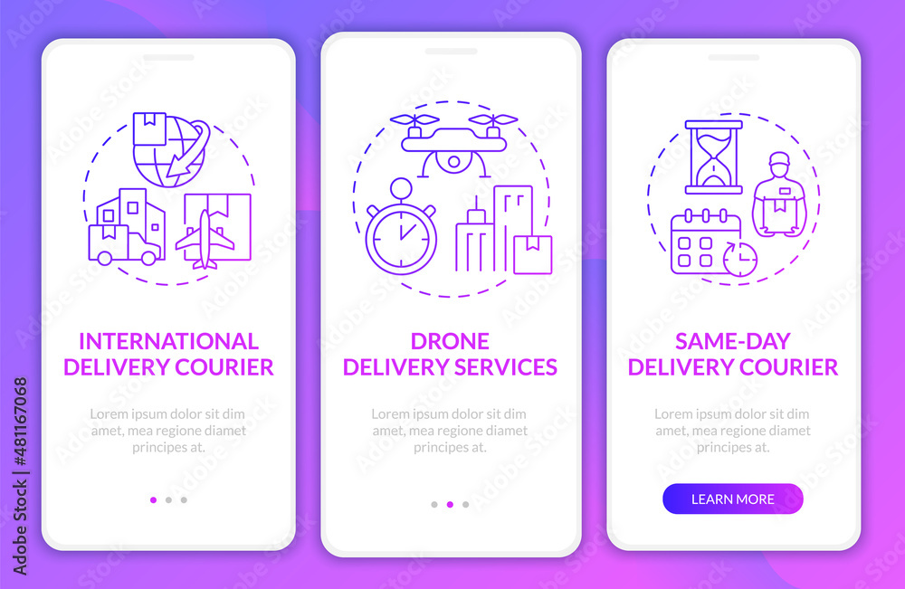 Courier delivery business purple gradient onboarding mobile app screen. Freight walkthrough 3 steps graphic instructions pages with concepts. UI, UX, GUI template. Myriad Pro-Bold, Regular fonts used