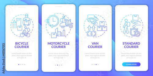 Courier business blue gradient onboarding mobile app screen. Vehicle service walkthrough 4 steps graphic instructions pages with concepts. UI, UX, GUI template. Myriad Pro-Bold, Regular fonts used