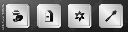 Set Cup of tea with lemon, Paper package for milk, Flower and Teaspoon icon. Silver square button. Vector