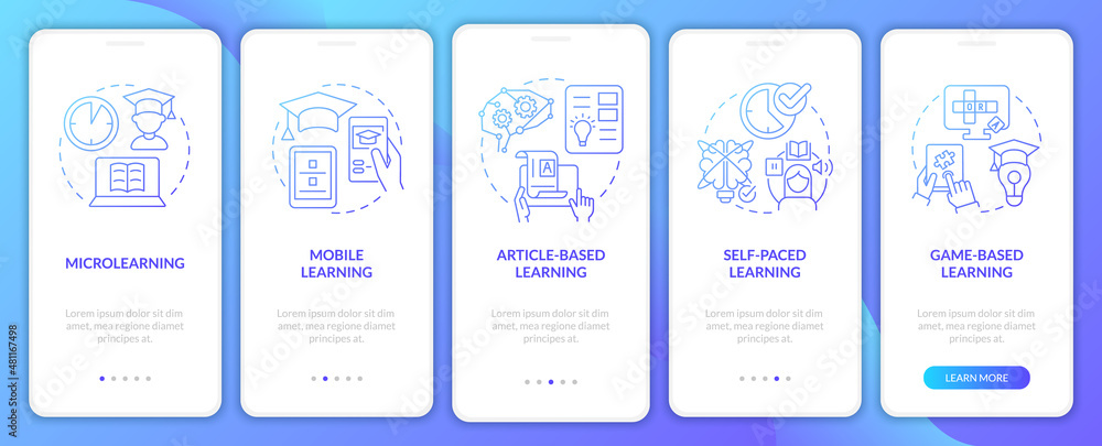 Elearning methods blue gradient onboarding mobile app screen. Walkthrough 5 steps graphic instructions pages with linear concepts. UI, UX, GUI template. Myriad Pro-Bold, Regular fonts used