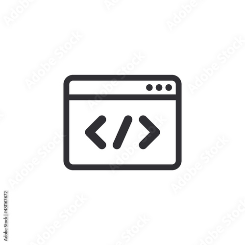 Web page. Online icon. Internet icon. Browser icon. Vector Internet symbol. Web site. Web development. Search page. Homepage. Coding icon. Start page. Program code. Web design. Software programming.
