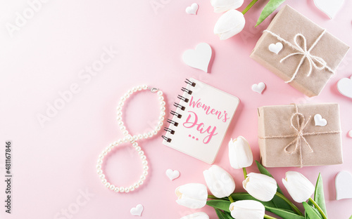 Pink hearts with gift box and tulip on pastel paper background. Womens day, Love and Valentine's day concept. © Siam