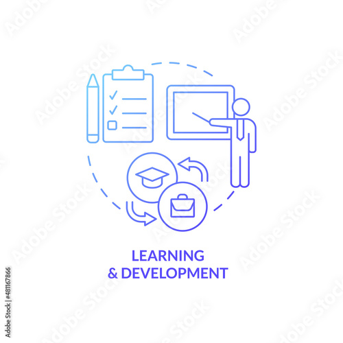 Learning and development blue gradient concept icon. Adaptation process. HR abstract idea thin line illustration. Isolated outline drawing. Roboto-Medium, Myriad Pro-Bold fonts used