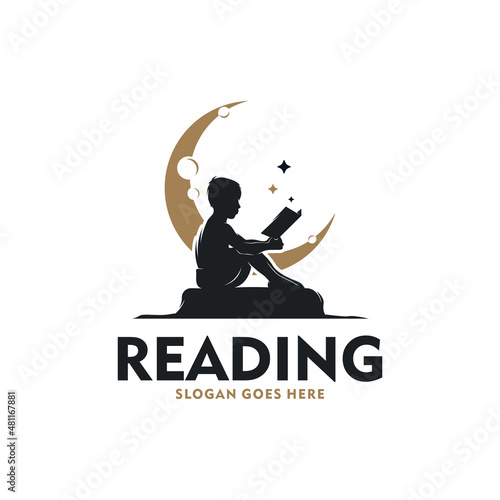 Cute little boy reading book on the moon logo design
