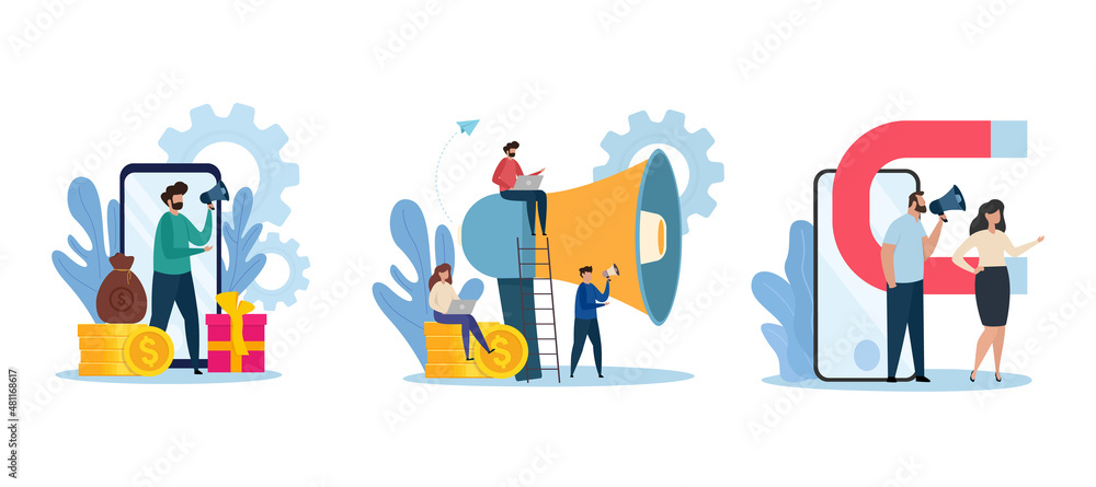 Vector illustration set of referral marketing. Concept of advertisement, marketing, promotion. Characters with big megaphone. Vector illustration set of referral marketing. Concept of advertisement, marketing, promotion. Characters with big megaphone.