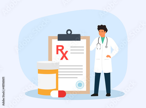 Doctor writing RX medical prescription. Disease therapy pills. Healthcare and pharmacy concept. Vector Illustrations.