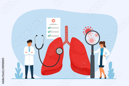 Doctors examining human lungs. Respiratory system examination and treatment. Pulmonology. Vector illustration.