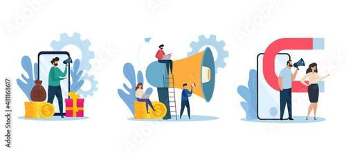 Vector illustration set of referral marketing. Concept of advertisement, marketing, promotion. Characters with big megaphone.