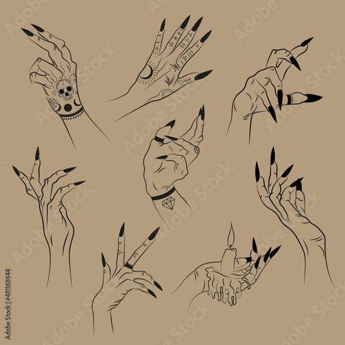 Hand drawn set of female witches with hands in different poses.