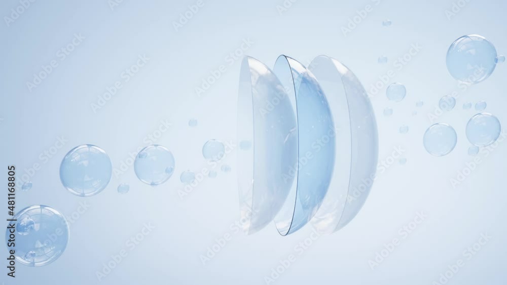 3d animation, contact lenses in water surface with air bubbles on blue