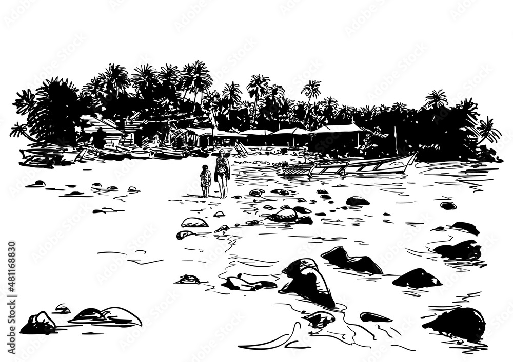 Vector sketch of picturesque paradise Colomb beach in South Goa, India. Hand drawn illustration - obrazy, fototapety, plakaty 