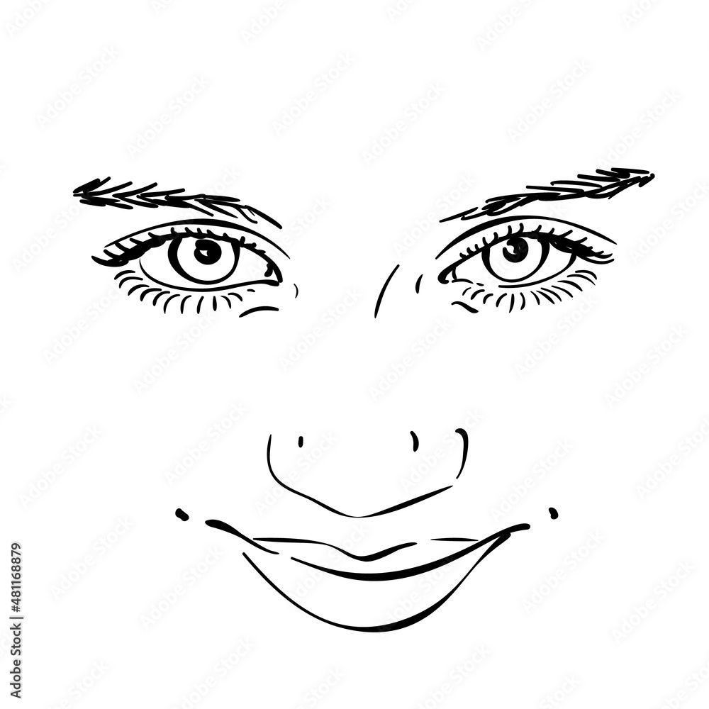 Beautiful charmingly smiling teenage girl face, Vector sketch close up, Hand drawn illustration isolated Beautiful charmingly smiling teenage girl face, Vector sketch close up, Hand drawn illustration isolated