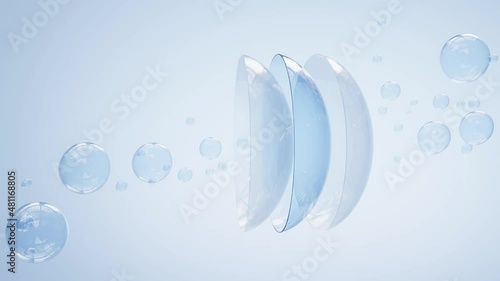 3d animation, contact lenses in water surface with air bubbles on blue background. Eye lens cleaning solution concept, medical equipment for optical vision correction, mockup for package design photo