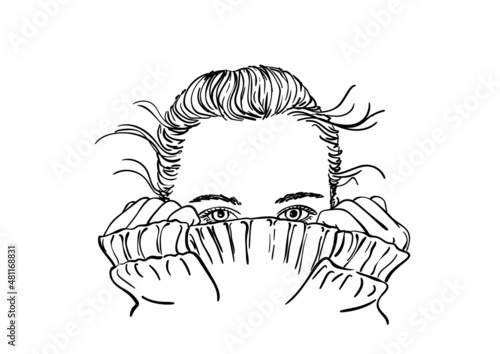 Sketch of portrait of teenage girl hiding her face in warm knitted sweater, only her beautiful eyes be seen, Hand drawn vector illustration