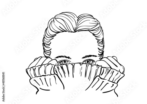 Sketch of teenage girl with hair parted in the middle hiding her face in warm knitted sweater, Hand drawn vector illustration