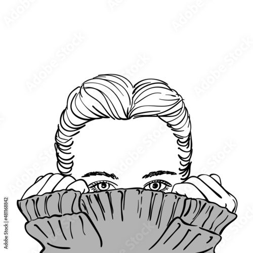 Sketch of teenage girl with hair parted in the middle hiding her face in warm grey knitted sweater, Hand drawn vector monochrome illustration