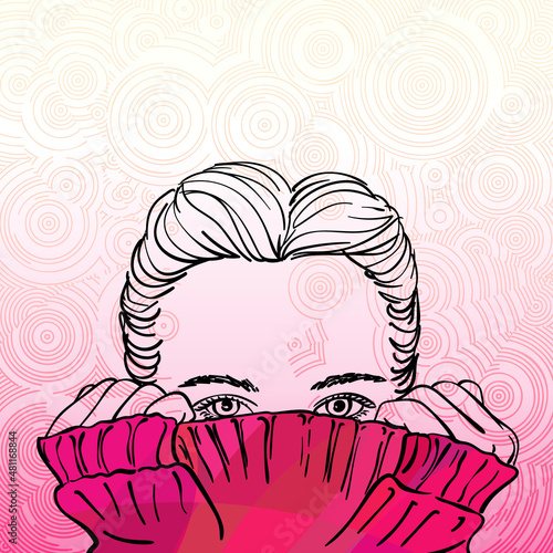 Sketch of teenage girl with hair parted in the middle hiding her face in warm pink knitted sweater, Hand drawn vector illustration colored in abstract pink circular pattern