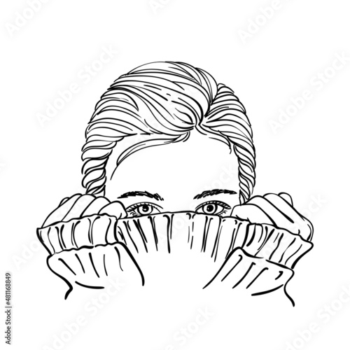 Sketch of teenage girl with hair parted on side hiding her face in warm knitted sweater, Hand drawn vector linear illustration