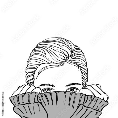 Sketch of teenage girl with hair parted on side hiding her face in warm grey knitted sweater, Hand drawn vector monochrome illustration