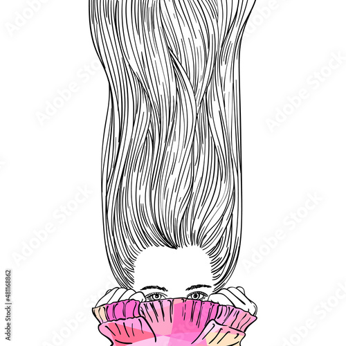 Fantasy sketch of beautiful teenage girl with long hair blowing up, hiding her face in warm pink knitted sweater, Hand drawn vector illustration