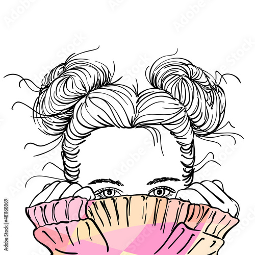 Nice sketch of teenage girl with two buns hairstyle hiding her face in warm pink knitted sweater, only her beautiful eyes be seen, Hand drawn vector illustration on white background
