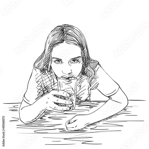Sketch of preteen girl with long hair drinking water from glass, Hand drawn vector illustration view from top
