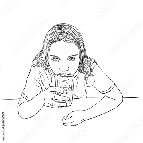 Sketch of preteen girl with long hair drinking water from glass, Hand drawn vector linear illustration view from top