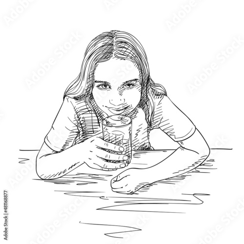 Sketch of preteen girl with long hair drinking water from glass and smiling, Hand drawn vector illustration view from top