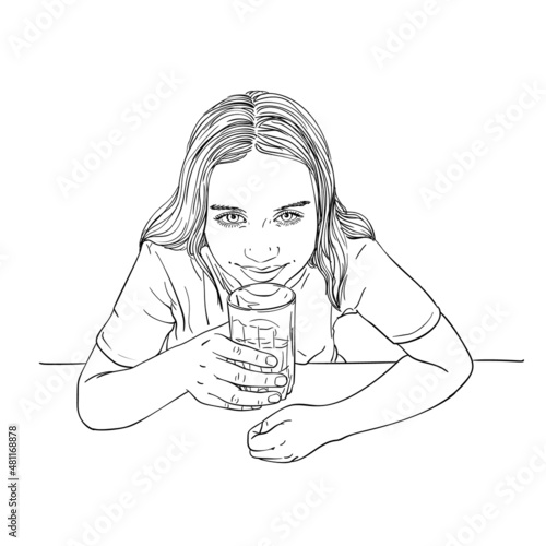 Sketch of preteen girl with long hair drinking water from glass and smiling, Hand drawn vector linear illustration view from top