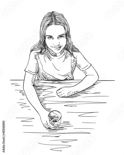 Sketch of preteen girl sitting at table, holding glass of water and smiling, Hand drawn vector illustration view from top