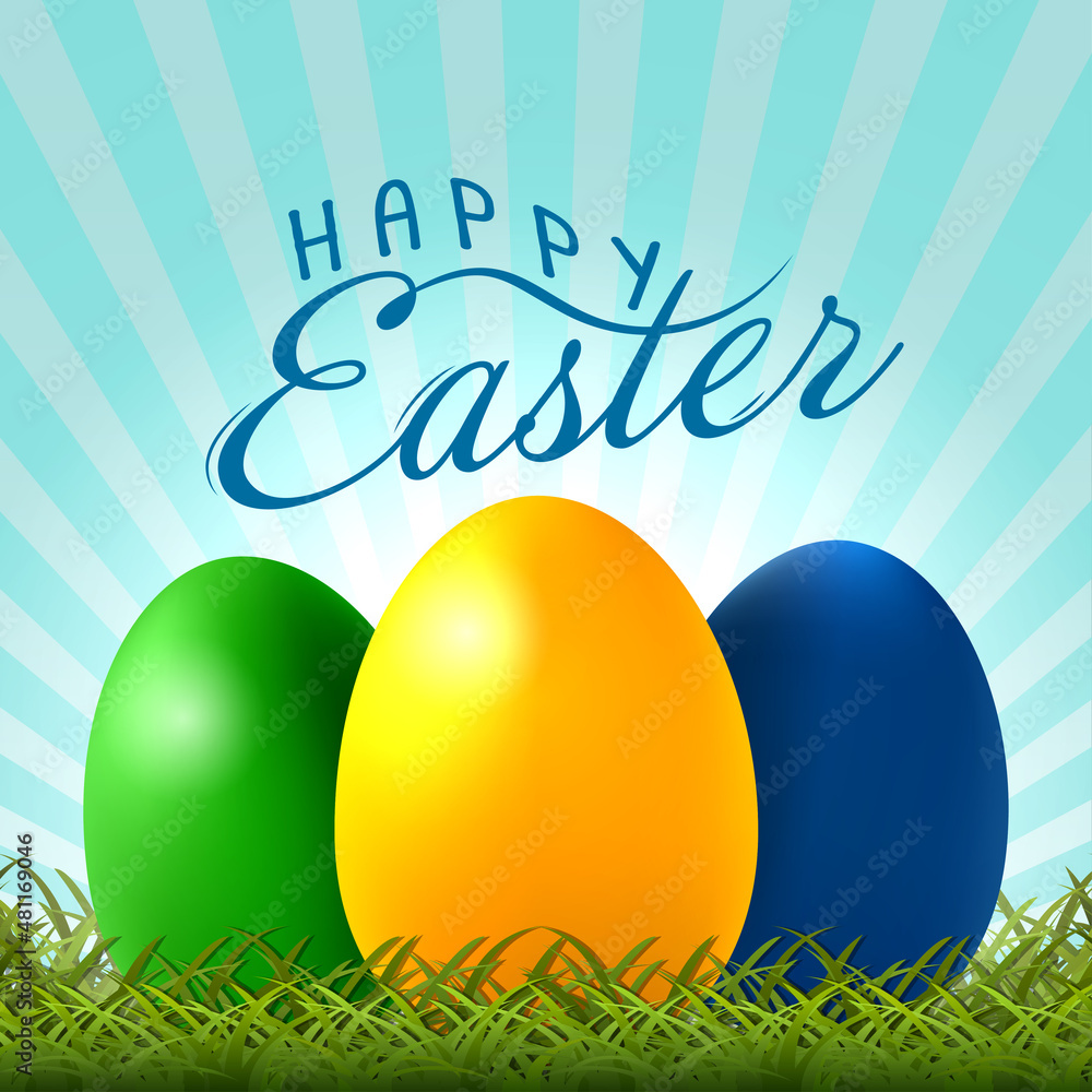 Easter background with colorful Easter eggs on green grass and Happy Easter wishes. Template for festive design, banner, invitation and greeting card. Vector illustration. Easter background with colorful Easter eggs on green grass and Happy Easter wishes. Template for festive design, banner, invitation and greeting card. Vector illustration.
