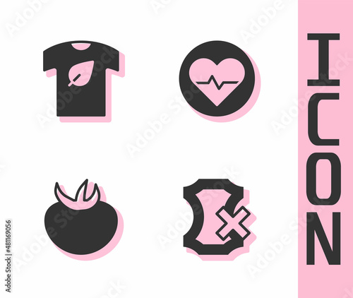 Set No leather, Vegan shirt, Tomato and Heart rate icon. Vector