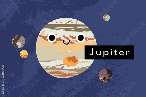 Jupiter. Galilean moons: Io, Europa, Ganymede, Callisto. Cute kawaii planet character with smiling face. Funny celestial body. Solar system. Astronomy for kids. Vector flat cartoon illustration