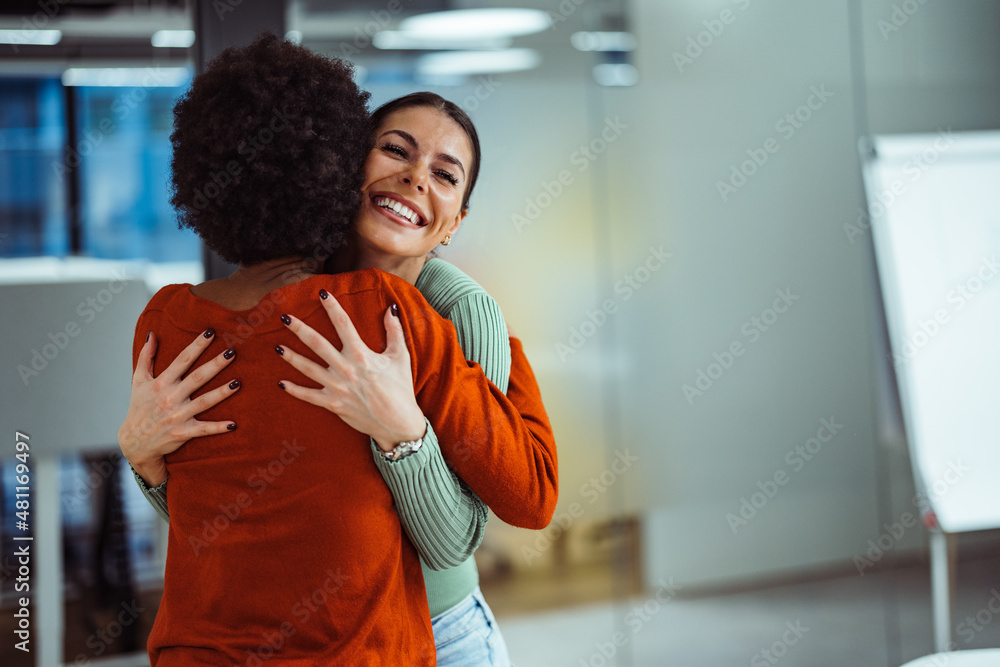 Overjoyed caucasian woman, feeling happy after meeting her new colleague.