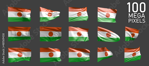 Niger flag isolated - different realistic renders of the waving flag on grey background - object 3D illustration