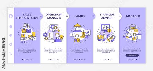Business management careers purple and white onboarding template. Responsive mobile website with linear concept icons. Web page walkthrough 5 step screens. Lato-Bold, Regular fonts used