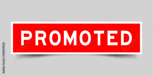 Square label banner with word promoted in red color on gray background