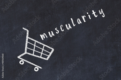 Chalk drawing of shopping cart and word muscularity on black chalboard Fototapeta