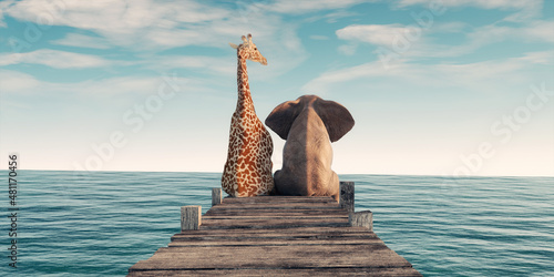 Giraffe sitting next to an elephant on wooden deck. photo