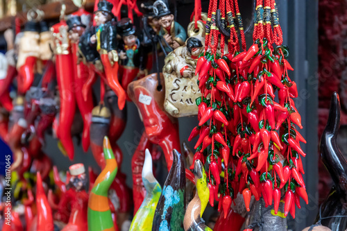 Superstitious objects typical of Naples, Italy. Composed of typical Neapolitan horns and hunchbacks, for sale in the stalls of San Gregorio Armeno photo