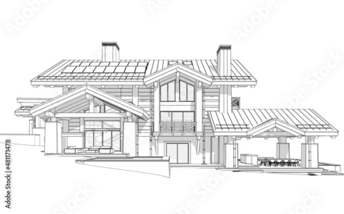 Fototapeta Naklejka Na Ścianę i Meble -  3d rendering of modern cozy chalet with pool and parking for sale or rent. Massive timber beams columns. Black line sketch with soft light shadows on white background.