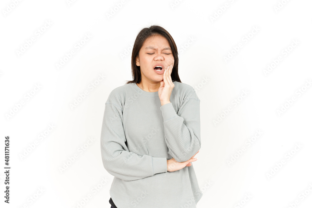 Toothache Gesture Of Beautiful Asian Woman Isolated On White Background Toothache Gesture Of Beautiful Asian Woman Isolated On White Background