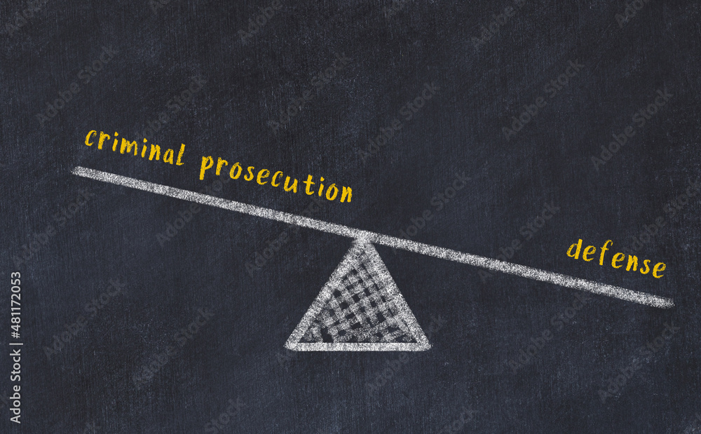 Chalk drawing of scales with words criminal prosecution and defense ...