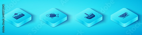Set Isometric Piece of cake, Fish, Watermelon and Picnic basket icon. Vector