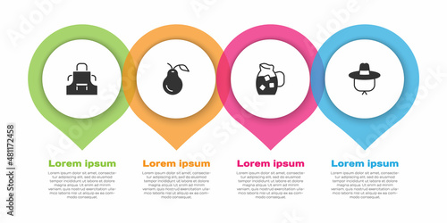 Set Kitchen apron, Pear, Jug glass with water and Camping hat. Business infographic template. Vector