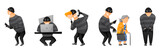 Set of vector isolated illustrations, telephone or computer scammer, a man in a balaclava and gloves. The concept of online crime, cybercrime or theft.