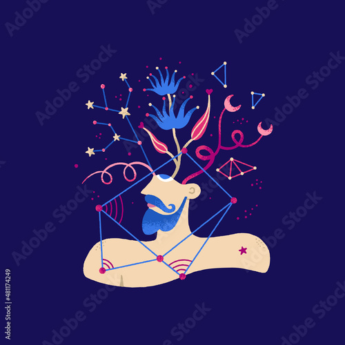 Vector bust of a man. An illustration of the inner self, subconsciousness, imagination, individuality. Introvert. Surreal composition. Print on T-shirt, postcard, diary cover