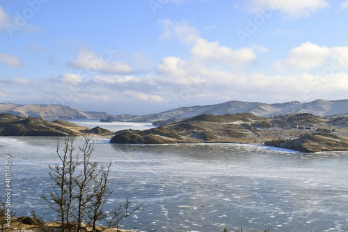 lake and mountains Baikal in winter, view of olkhon