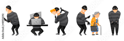Set of vector isolated illustrations, telephone or computer scammer, a man in a balaclava and gloves. The concept of online crime, cybercrime or theft.