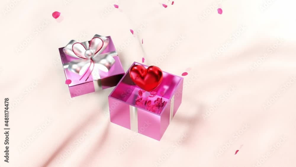 The gift box was opened and the heart floated. In the atmosphere of love among the flying rose petals. 3D Rendering and 3D illustration Video. The gift box was opened and the heart floated. In the atmosphere of love among the flying rose petals. 3D Rendering and 3D illustration Video.